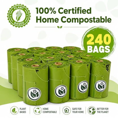 100% Compostable Handle-Tie Doggy Poop Bags (240 Bags) 16 Refill Rolls Plant-Based Cornstarch ASTM D6400 & EN 13432 Compliant HOME Certiified Compostabel Pet Dog Waste Bags (240 ct.)