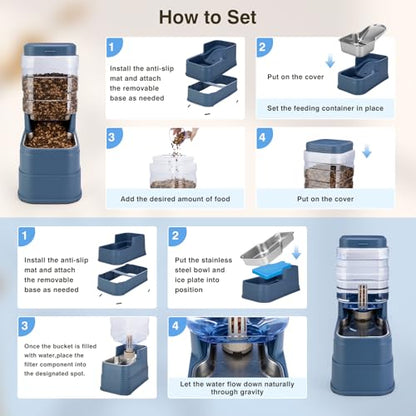 2 Pack Automatic Cat Feeder and Water Dispenser 1.3Gallon Dog Gravity Food Feeder and Water with Ice Pack Stainless Steel Dry Food and Waterer Bowl for Small Medium Large Pets (Blue) - color: Blue