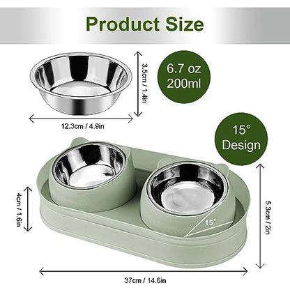 Elevated Raise Tilted Cat Food Bowls,with Stand Stainless Steel, Anti Vomiting, Double Cat Food and Water Bowl Set (Green) - color: Green