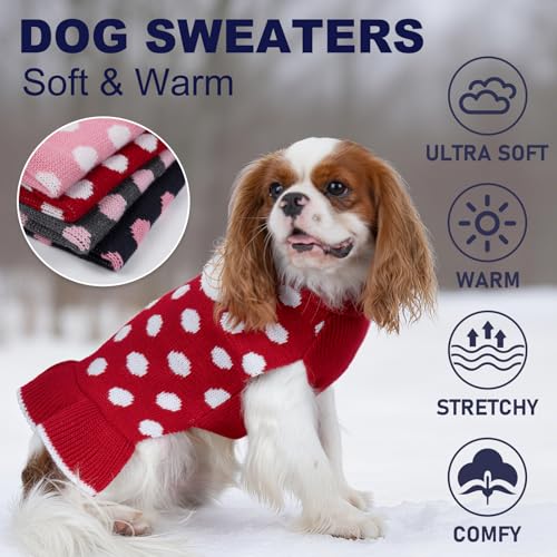 KYEESE Dog Sweater Dress with Leash Hole Small Turtleneck for Girl Dog Sweater Dress Polka Dot Knit Warm Puppy Sweaters with Pom Pom Ball - color: 04# Polkadot (Red), size: X-Small (2-3lbs)