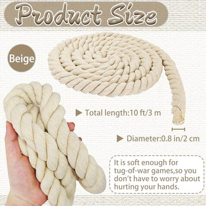 Natural White Cotton Rope 4/5 inch x 10 ft,Tug of War Rope,Strong Triple-Strand Rop Twisted Cotton Ropes for DIY Crafts Decoration,Swing,Tug of War,Pet Toys