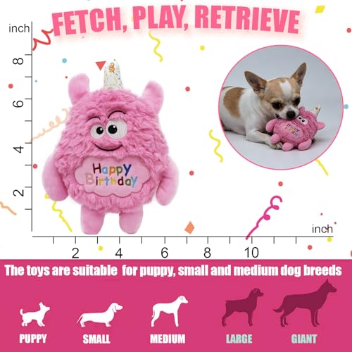 Plush Dog Birthday Toy for Girl Boy Gifts, Crinkle Squeaky Dog Toy Keep Them Busy Tug of War Stuffed Dog Chew Toy for Small Medium Large Dogs (Pink) - color: Pink