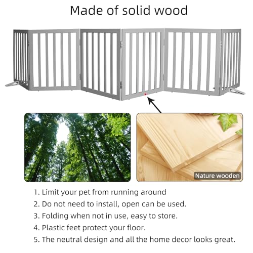 ZJSF Freestanding Indoor Dog Gate for House Foldable Wood Puppy Gate for Doorways Pet Gate for Stairs Extra Wide Pet Fence, Grey, 24" Height 6 Panels