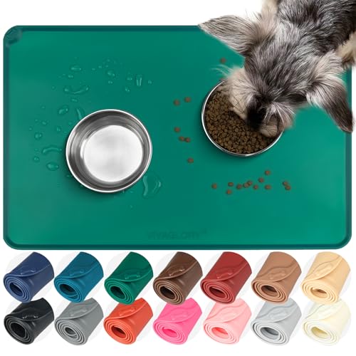 VIVAGLORY Pet Food Mat Flexmat Dog Bowl Mat, S, Deep Green | Non Slip Silicone for Pet Kitten & Doggy, Placemat with Lip for Floor - color: Deep Green, size: S (18.9 x 11.8in)