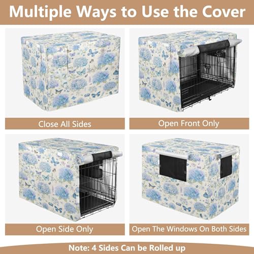 Blue Hydrangeas Dog Crate Cover, Waterproof Windproof Pet Cage Cover, Polyester Sunshade Kennel Cover with Breathable Mesh Fit for 53.5 in Wire Cage - size: XL - 53.5”L x 33”W x 34.5”H
