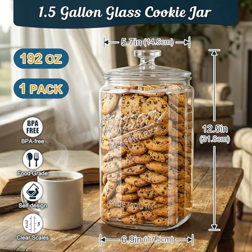 [NEW] 1.5 Gallon Glass Cookie Jar - Tall Glass Jar with Airtight Lid and Silicone Gasket, 1 Pack Large Glass Food Storage Container for Pantry Storage, Sourdough Starter, Dog Treats, Candy