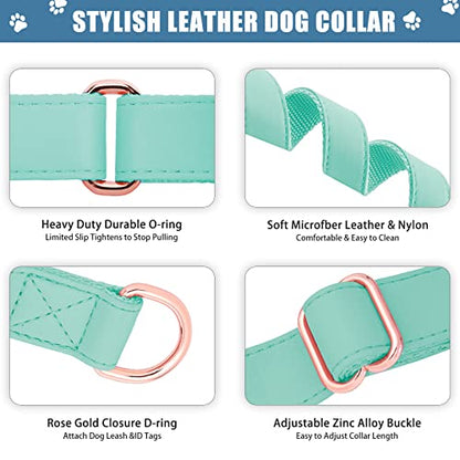Soft Leather Martingale Dog Collar - Adjustable Rose Gold Limited Slip Collars [Easy to Clean], Stylish Durable Heavy Duty Nylon No Pull Training Collar for Small Medium Large Dogs S Mint Green - color: Mint Green, size: S (Neck 10"-15", Width 4/5")