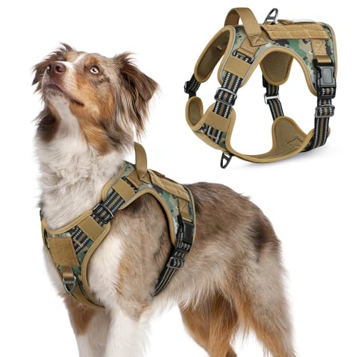 rabbitgoo Tactical Dog Harness Medium Sized Dog, No Pull Military Service Vest with Handle & Molle, Easy Control for Training Walking, Adjustable Reflective Straps, Brown camo, M - color: Brown camo, size: Medium