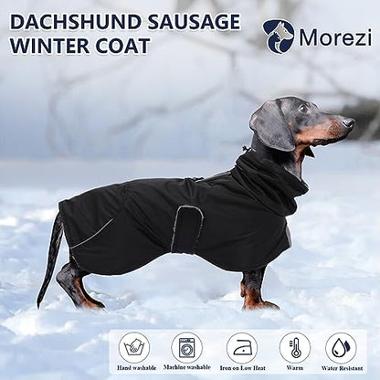 Dachshund Coats Waterproof, Perfect for Dachshunds, Sausage, Weiner Dog Winter Coat with Padded Fleece, Puppy Snowsuit with Adjustable Bands and High Vis Reflective Trim - Black - M - color: Black, size: Medium