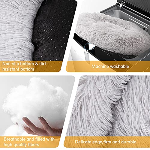 Original Calming Donut Dog and Cat Bed in Shag Fur, Dog Beds for Melium Dogs, Anti Anxiety Round Fluffy Plush Faux Fur Pet Bed, Light Grey, 27.6'' x 27.6''