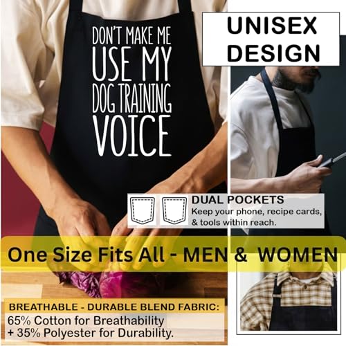 Don't Make Me Use My Dog Training Voice Apron, Unisex, Black, One Size Fits All, Cotton Blend, Casual, Text Graphic, 2 Pockets