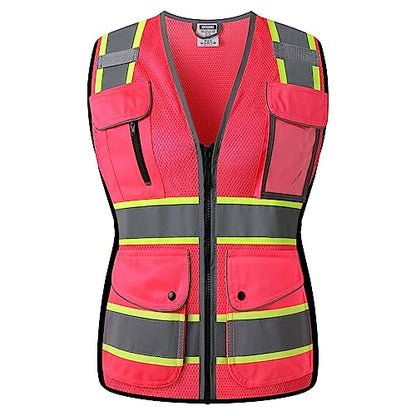 High Visibility Reflection Pink Mesh Safety Vests with 8 Pockets and Front Zipper, hi vis safety vest for Women, Meets ANSI/ISEA Standards(Pink-16,X-Large) - color: Pink, size: X-Large