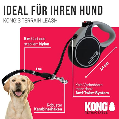 Alcott Kong Terrain Retractable Dog Leash, Medium, Grey, 16' Long. - color: Grey, size: Medium 16'