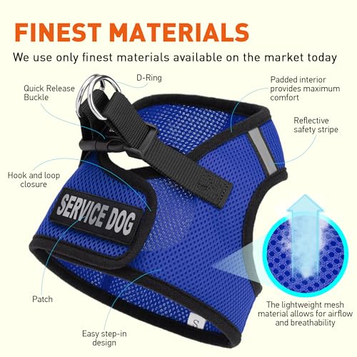Dogline Boston Step in Mesh Dog Harness with Service Dog Patch No Choke Pet Vest Soft Gentle Padded Chest Halter for Puppies Small Medium and Large Dogs 21 to 24 inches Girth Royal Blue - color: Royal Blue, size: Girth 21 to 24"