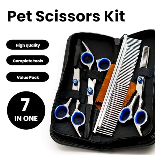 MEDUWEDU 7 in 1 Dog Grooming Scissors Set with Safety Round Head, Sharp and Durable, with Two Stainless Steel Combs, Pet Grooming Scissors for Cats and Dogs
