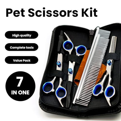 MEDUWEDU 7 in 1 Dog Grooming Scissors Set with Safety Round Head, Sharp and Durable, with Two Stainless Steel Combs, Pet Grooming Scissors for Cats and Dogs