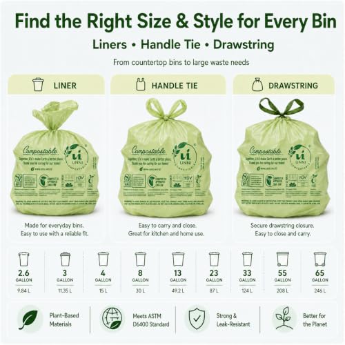 UNNI Compostable Trash Bags, 8 Gallon / 30 Liter, 200 Count Value Pack, Extra Thick 0.85 mil Medium Kitchen Food Scrap Bin Liners, BPI, CMA & OK compost HOME Certified (Meets ASTM D6400) - size: 200 Count (Pack of 1), style: 8 Gallon