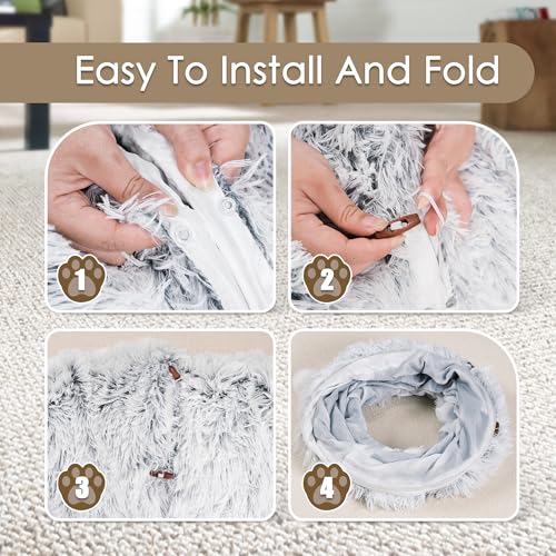 Cat Tunnel Bed for Indoor Cats, Peekaboo Cat Cave with Washable Soft Play Mat, Furry Cat Tube, for Kitten/Puppy/Rabbit, Grey - color: Grey