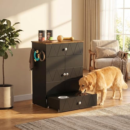 Pet Feeding Station with Storage, Raised Dog Bowls, Pet Feeder Cabinet, with Adjustable Shelves, Rolling Drawer, Hooks, for Feeding & Watering Supplies (Black) - color: Black