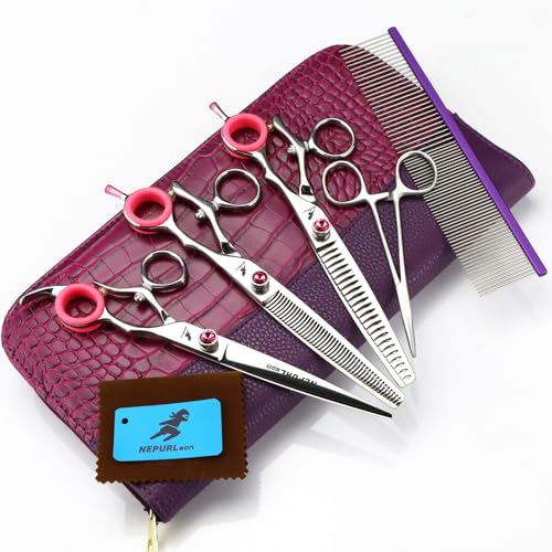 Pet Grooming Scissors Set - 3PCS 7.5 Inch Grooming Shears with Straight, Curved and Thinning Scissors, 440C Stainless Steel, Rotating Handle and Grooming Comb,A - size: A