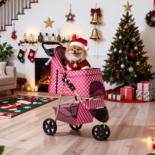 MoNiBloom 3 Wheels Pet Dog Cat Stroller for Small Medium Dogs Cats, Foldable Jogger Stroller w/Storage Basket and Cup Holder, Hot Pink Polka Dots - color: Hot Pink Polka Dots