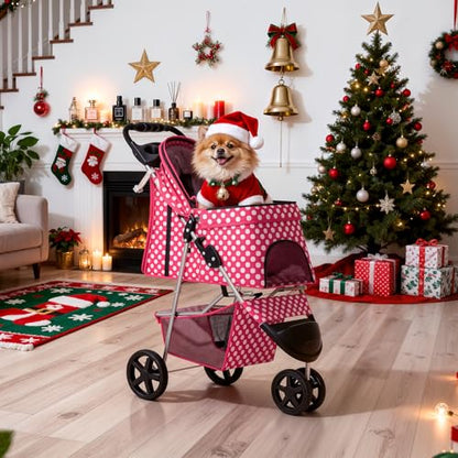 MoNiBloom 3 Wheels Pet Dog Cat Stroller for Small Medium Dogs Cats, Foldable Jogger Stroller w/Storage Basket and Cup Holder, Hot Pink Polka Dots - color: Hot Pink Polka Dots
