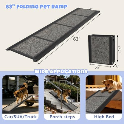 Dog Ramp for Car 63" x 20", Folding Pet Ramp for Large Dogs with Non-Slip Rug Surface, Portable Dog Car Ramp for SUV Car & Truck - size: 63" L x 20" W