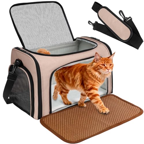 Cat Carrier - Cat Carrier Soft with Plush Pad & Cooling Mat, Easy-Load 4-Side Zipper & 3-Side Mesh Ventilation, Pet Carrier Airline Approved for Cats/Dogs Up to 16 lbs, Brown - color: Brown