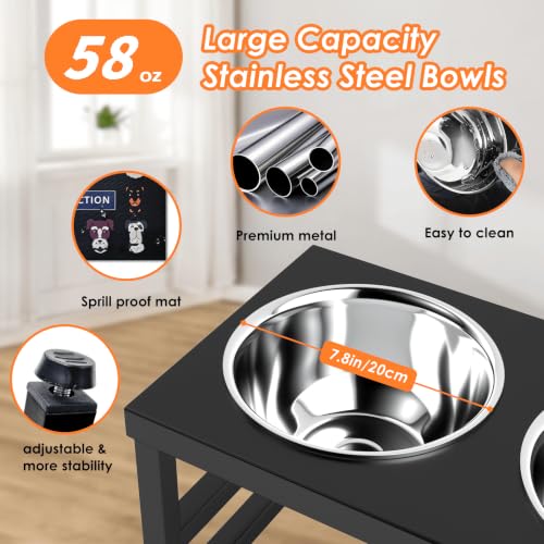 Metal Raised Dog Bowl, 10" Elevate Dog Feeder Stand, 2 Bowls & Non-Slip Mat - color: Black - L Dog Mat, size: Height:10inch