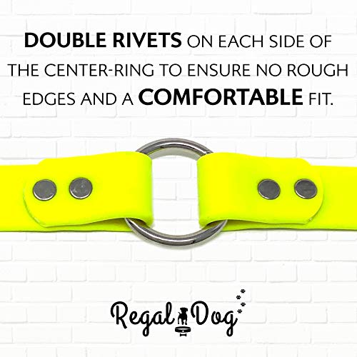 Regal Dog Products Large Yellow Dog Collar with Heavy Duty Double Buckle & D Ring | Vinyl Coated, Custom Fit, Adjustable Biothane Dog Collar | Chew Resistant Waterproof Center-Ring Collar for Dogs - color: Yellow, size: Large