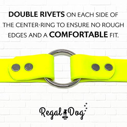 Regal Dog Products Small Yellow Dog Collar with Heavy Duty Double Buckle & D Ring | Vinyl Coated, Custom Fit, Adjustable Biothane Dog Collar | Chew Resistant Waterproof Center-Ring Collar for Dogs - color: Yellow, size: Small