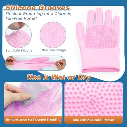 7 PCS Pet Grooming Kit for Dogs and Cats | Dog Washing Gloves | Dog Bath Brush | Cleanroom Gloves | Dog Shampoo Brush | Finger Toothbrushes | Storage Bag | All-in-One Pet Care (Pink) - color: Cherry Blossom Pink