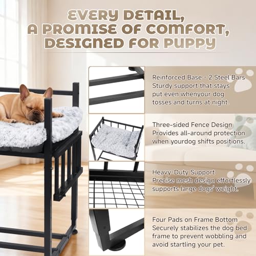 Beside Dog Bed and Mattress Set - Metal Three-Sided Fence Pet Dogs Bed Frame, Adjustable Height Dogs Bed Extension Attachment for Human Bed, for Small/Medium Puppy(25.5''L x 17.7''W)
