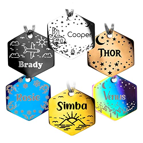 Personalized Dog Tag with 5 Lines of Custom Deep Engraved Durable Stainless Steel Pet ID Name Tag Designer Regular Size Hexagon - size: Regular, style: Hexagon