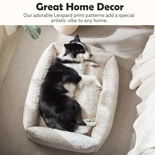 JOEJOY XL Dog Beds Large Sized Dog, Removable Washable Cover Orthopedic Soft Faux Rabbit Fur Pet Bed, Anti-Slip Fluffy Plush Faux Rabbit Fur Puppy Bed, 42"x36"x9", Leopard Print, Beige - color: Beige, size: XL (42"x36"x9")