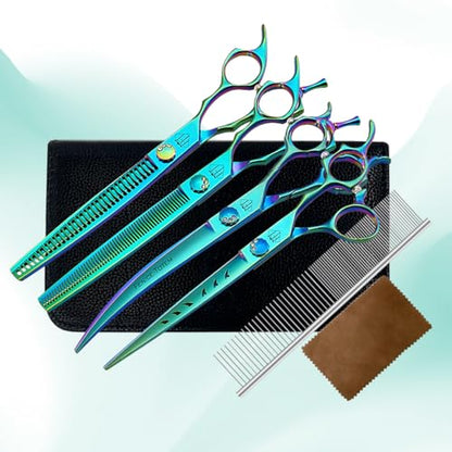 Dog Grooming Scissors: 7" Straight Pet Shears Skeletonized blade Made Of Japanese 440C for Trimming Dogs Cats and Other Pets Green
