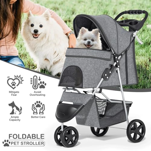 MoNiBloom 3 Wheels Pet Dog Cat Stroller for Small Medium Dogs and Cats, Lightweight Foldable Jogger Stroller w/Storage Basket and Cup Holder, Gray - color: Gray