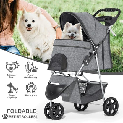 MoNiBloom 3 Wheels Pet Dog Cat Stroller for Small Medium Dogs and Cats, Lightweight Foldable Jogger Stroller w/Storage Basket and Cup Holder, Gray - color: Gray
