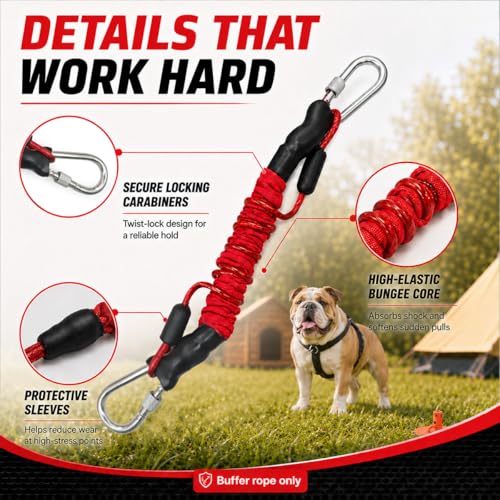 Heavy Duty Dog Tie-Out Bungee Cord, Shock Absorbing Elastic Buffer Extension with Dual Locking Carabiners, Red Stretch Leash for Outdoor Stake, Yard, Camping & Large Dogs