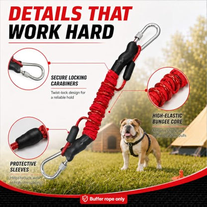 Heavy Duty Dog Tie-Out Bungee Cord, Shock Absorbing Elastic Buffer Extension with Dual Locking Carabiners, Red Stretch Leash for Outdoor Stake, Yard, Camping & Large Dogs