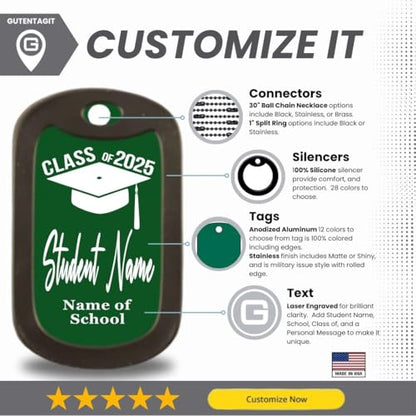 | Class of (Choose Year) Dog Tag | Laser Engraved, 2"x1.13", 30" Ball Chain or 1" Splitring | Add Personal Message * Made in USA