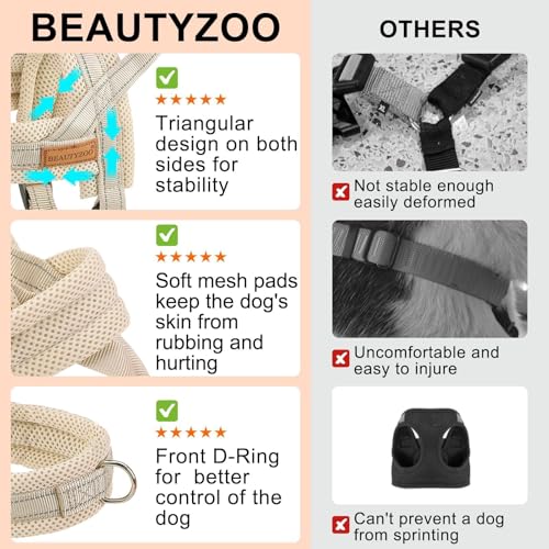 BEAUTYZOO Dog Harness No Pull, Quick Fit Dog Harness and Leash Set, Escape Proof Vest Harness with Soft Handle, Reflective Breathable Mesh Padding Harness for Medium Size Dog Training Walking, Beige M - color: Beige, size: M: Chest 21"-26.7"