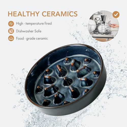 Havniva 1.6 Cup Elevated Slow Feeder Dog Bowls, 8.2” Dog Slow Feeding Bowls + 7.3” Ceramic Dog Water Bowls Set with Acacia Wood Stand Dog Food Bowls Puzzle Feeder for Medium Dogs Non-Slip Anti-choking - color: 2 x Starry Sky + Stand - C, size: L- 8.2inch