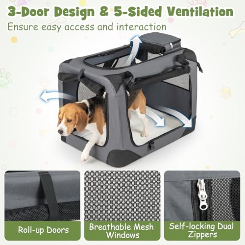 Giantex Folding Soft Dog Crate, 28 Inch Foldable Portable Dog Kennel for Medium Dogs up to 35 lbs, Collapsible Soft-Sided Pet Travel Crate with 5-Sided Mesh, 3 Doors, Washable Mat & Storage Pockets - size: 28.0"L x 21.0"W x 21.0"H