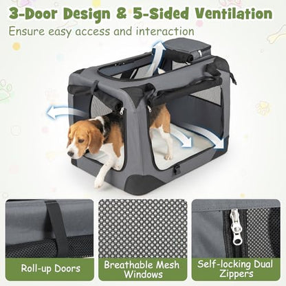Giantex Folding Soft Dog Crate, 28 Inch Foldable Portable Dog Kennel for Medium Dogs up to 35 lbs, Collapsible Soft-Sided Pet Travel Crate with 5-Sided Mesh, 3 Doors, Washable Mat & Storage Pockets - size: 28.0"L x 21.0"W x 21.0"H