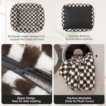 JOEJOY Dog Bed Medium Size Dog, Removable Washable Cover Orthopedic Soft Pet Bed, Anti-Slip Fluffy Plush Faux Rabbit Fur Puppy Bed, 30"x24"x8", Checkered, Brown - color: Brown, size: M (30"x24"x8")