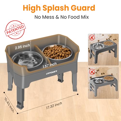 URPOWER 3-in-1 Elevated Dog Bowls - Mess Proof Double Deck 4 Height Adjustable Raised Stand with 2 Stainless Steel Food Bowls & Licking Plate for Small, Medium & Large Dogs - color: Grey, size: Large