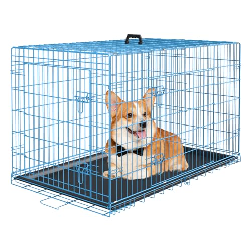 PayLessHere Large Dog Crate Kennel for Medium Large Dogs 36 inches Metal Dog Cage Double-Door Folding Travel Indoor Outdoor Puppy Playpen with Divider and Handle Plastic Tray,Blue - color: Blue, size: 36.0"L x 22.0"W x 24.0"H