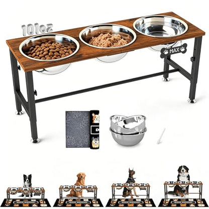 SHAINFUN Adjustable Height Elevated Dog Bowl Stand for Large & Extra Large Dogs – Wooden Raised Dog Bowls with Three 101oz Stainless Steel Bowls & Mat, Stainless Steel Food & Water Station - color: Brown-3L-Three