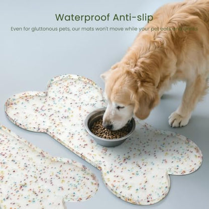 PWTAA Dog Food Mat Anti-Slip Silicone Dog Bowl Mat Thicker Pet Placemat Waterproof Cat Feeder Pad with Raised Edge Puppy Kitten Feeding Mats Suitable Small Medium-Sized Dogs Cats Eating Tray - 2PCS - color: Donut White, size: 19.4" x 9.8"-2PCS